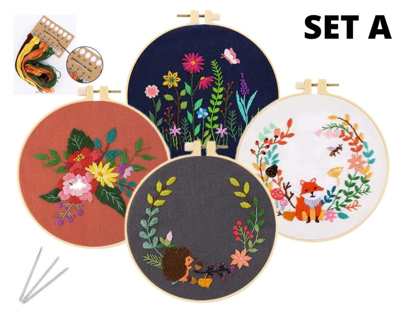 4 Pack Embroidery Starter Kit With Patterns Embroidery Hoop Etsy