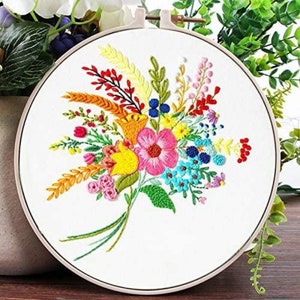 Floral Beginner Embroidery Kit - Modern Flower Plant Hand Embroidery Full Kit - DIY Floral Needlepoint Hoop Wall Art Kit - Adult Craft Kit