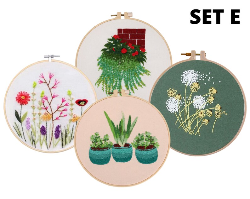 4 Pack Embroidery Starter Kit With Patterns Embroidery Hoop Etsy