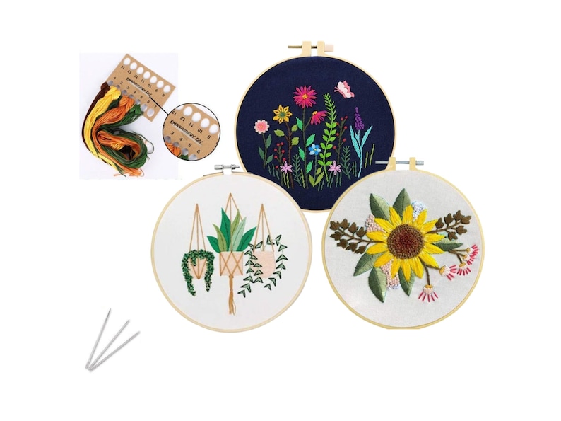 3 Pack Beginner Embroidery Kit Modern Flower Embroidery Kit Flowers Embroidery Kit DIY Hand Embroidery Full Kit Cross Stitch Set image 1