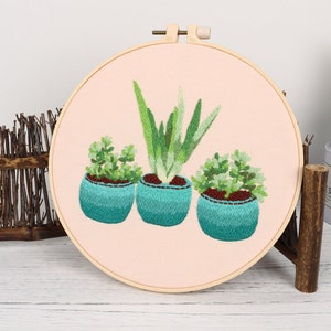 Embroidery Starter Kit w/ Succulent Pattern and Instructions - Cross Stitch Kit w/ Floral Pattern - 1 Hoop, Cloth, Color Floss and Needles
