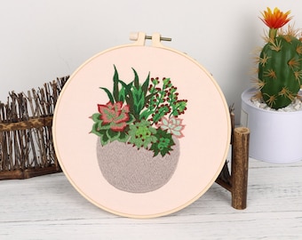 Embroidery Starter Kit w/ Succulent Pattern and Instructions - Cross Stitch Kit w/ Floral Pattern - 1 Hoop, Cloth, Color Floss and Needles