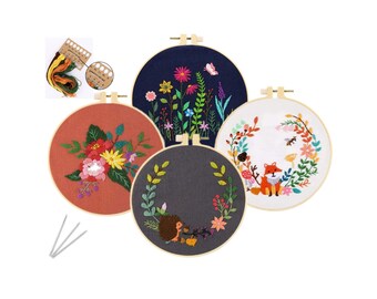4 Pack Embroidery Starter Kit with Patterns, Embroidery Hoop, Floss and Instructions - Cross Stitch Set - Adult Craft Kit
