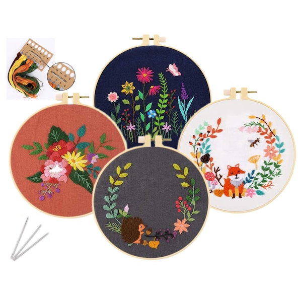4 Pack Embroidery Starter Kit with Patterns, Embroidery Hoop, Floss and Instructions - Cross Stitch Set - Adult Craft Kit