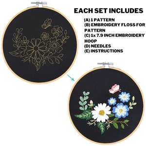 Embroidery Starter Kit w/ Floral Pattern and Instructions Cross Stitch Kit w/ Floral Pattern 1 Hoop, Cloth, Color Floss and Needles image 2