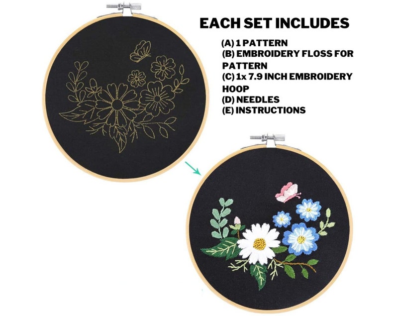 Embroidery Starter Kit w/ Floral Pattern and Instructions Cross Stitch Kit w/ Floral Pattern 1 Hoop, Cloth, Color Floss and Needles image 2