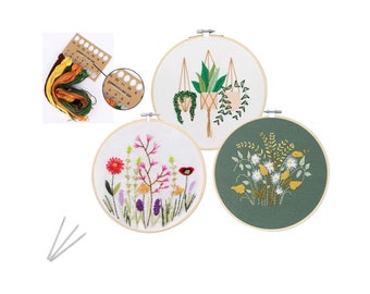 3 Pack Embroidery Starter Kit with Pattern and Instructions - Cross Stitch Set with 3 Embroidery Patterns & 1 Embroidery Hoop - Hoop Art