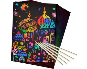 ZMLM Scratch Paper Art Set, 50 Piece Rainbow Magic Scratch Paper for Kids Black Scratch It Off Art Crafts Notes Boards Sheet with 5 Wooden Stylus for