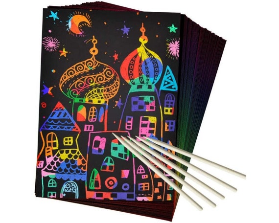 50 PCS Scratch Paper Art Set Rainbow Magic Scratch Paper for Kids Black  Scratch with 5 Wooden Stylus 4PCS Drawing Stencils - AliExpress