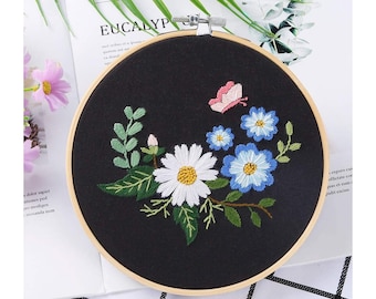 Embroidery Starter Kit w/ Floral Pattern and Instructions - Cross Stitch Kit w/ Floral Pattern - 1 Hoop, Cloth, Color Floss and Needles