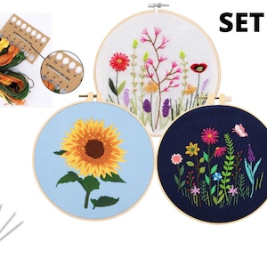 3 Pack Beginner Embroidery Kit Modern Flower Embroidery Kit Flowers Embroidery Kit DIY Hand Embroidery Full Kit Cross Stitch Set SET B (3 Patterns)