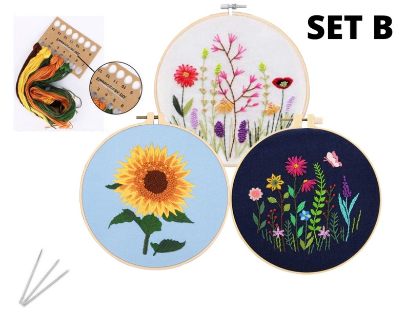 3 Pack Beginner Embroidery Kit Modern Flower Embroidery Kit Flowers Embroidery Kit DIY Hand Embroidery Full Kit Cross Stitch Set SET B (3 Patterns)