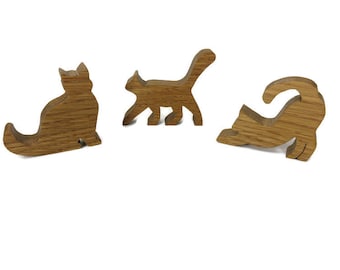 Wooden cat figurine, handcrafted cat decor, small for desk or shelf