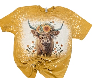 Highland Cow Shirt - Cow and sunflower Shirt - Yellow cow Shirt - Bleach Highland Cow Shirt