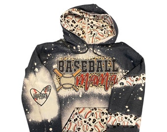 Baseball Mama Bleached Hoodie -  Custom baseball Heart with Names on Sleeve - Bleached Hoodie - Custom Hoodie - Baseball Shirt Sweatshirt