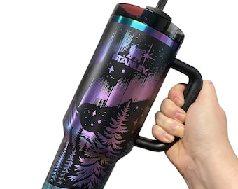 Northern Lights Stanley Chroma Tumbler - Northern Lights 40oz Iridescent Tumbler Mountain theme -Laser Engraved, Rainbow Plated - Multicolor