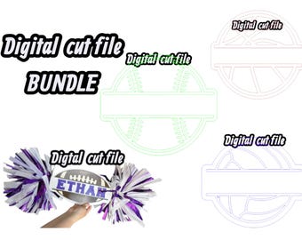 May include: A digital cut file bundle featuring sports-themed designs. Includes a football-shaped sign with the name "ETHAN", pom-poms, and outlines of a baseball, volleyball, and a baseball. The text "Digital cut file" is repeated throughout.