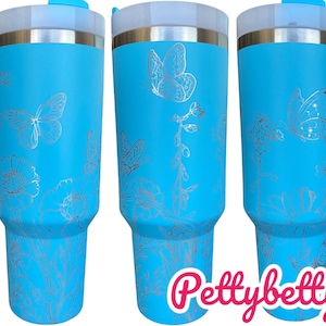 Butterfly Garden 40oz tumbler, Yellow Engraved Tumbler, Mother&#39;s Day Gift, Laser engraved, Floral tumbler, Custom 40oz tumbler