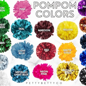 May include: A collection of colorful pom-poms in various shades, including neon green, pink, purple, and orange. The image displays a variety of colors with labels such as "Teal", "Maroon", and "Navy". The text "POMPOM COLORS" is displayed at the top.
