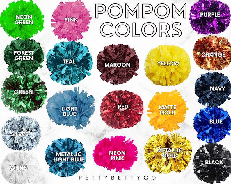 May include: A collection of colorful pom-poms in various shades, including neon green, pink, purple, and orange. The image displays a variety of colors with labels such as "Teal", "Maroon", and "Navy". The text "POMPOM COLORS" is displayed at the top.