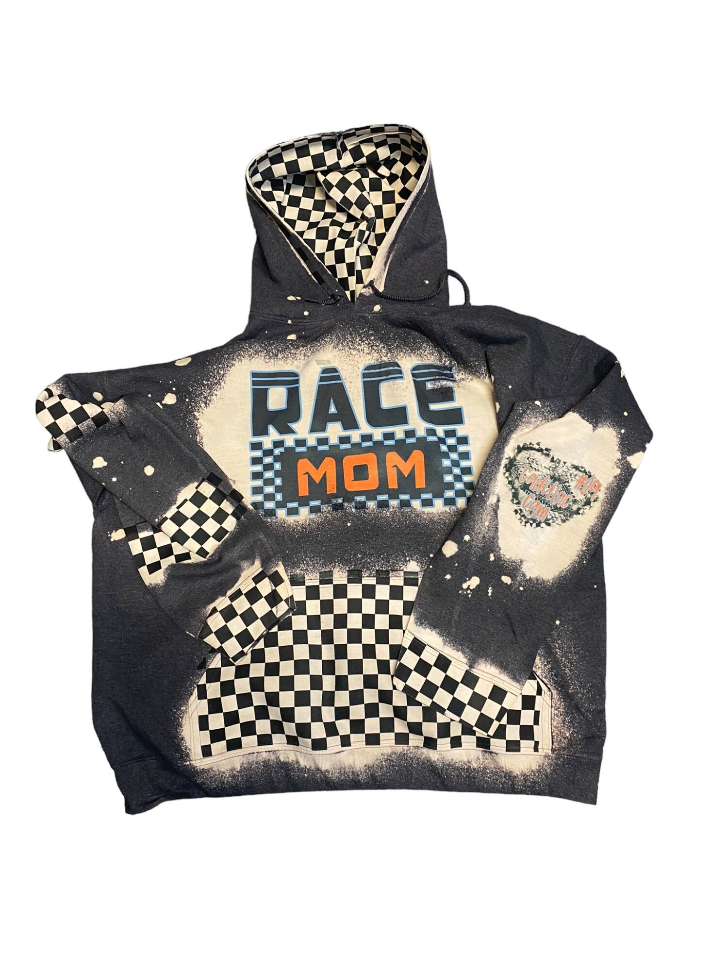 Race Mom Bleached Hoodie - Custom Color Racing hoodie Personalized number name - Car Truck Checkered Flag Dirt Track Motocross - Dirt Bike