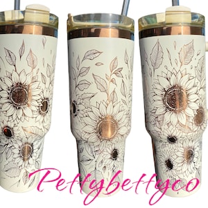 Sunflowers Engraved Tumbler  - engraved Country Tumbler - 40oz tumbler with handle - Custom Tumbler - Copper and Cream Floral Tumbler