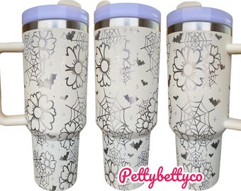 Classy Halloween Tumbler - Floral Halloween Engraved Tumbler - 40oz Engraved Tumbler - Halloween Cup - Spiderwebs and Flowers Tumbler
