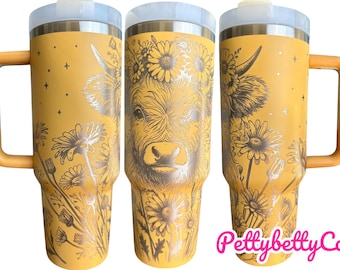 Floral Highland Cow Engraved Tumbler  - engraved Country Tumbler - 40oz tumbler with handle Custom Tumbler - Yellow Floral Tumbler
