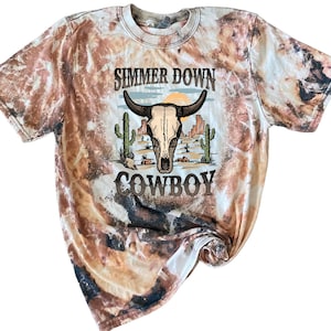 Simmer Down Cowboy T-shirt - Cowhide Bleach Crewneck tee shirt - Howdy Shirt -Western Wear - Cow Print Cowgirl