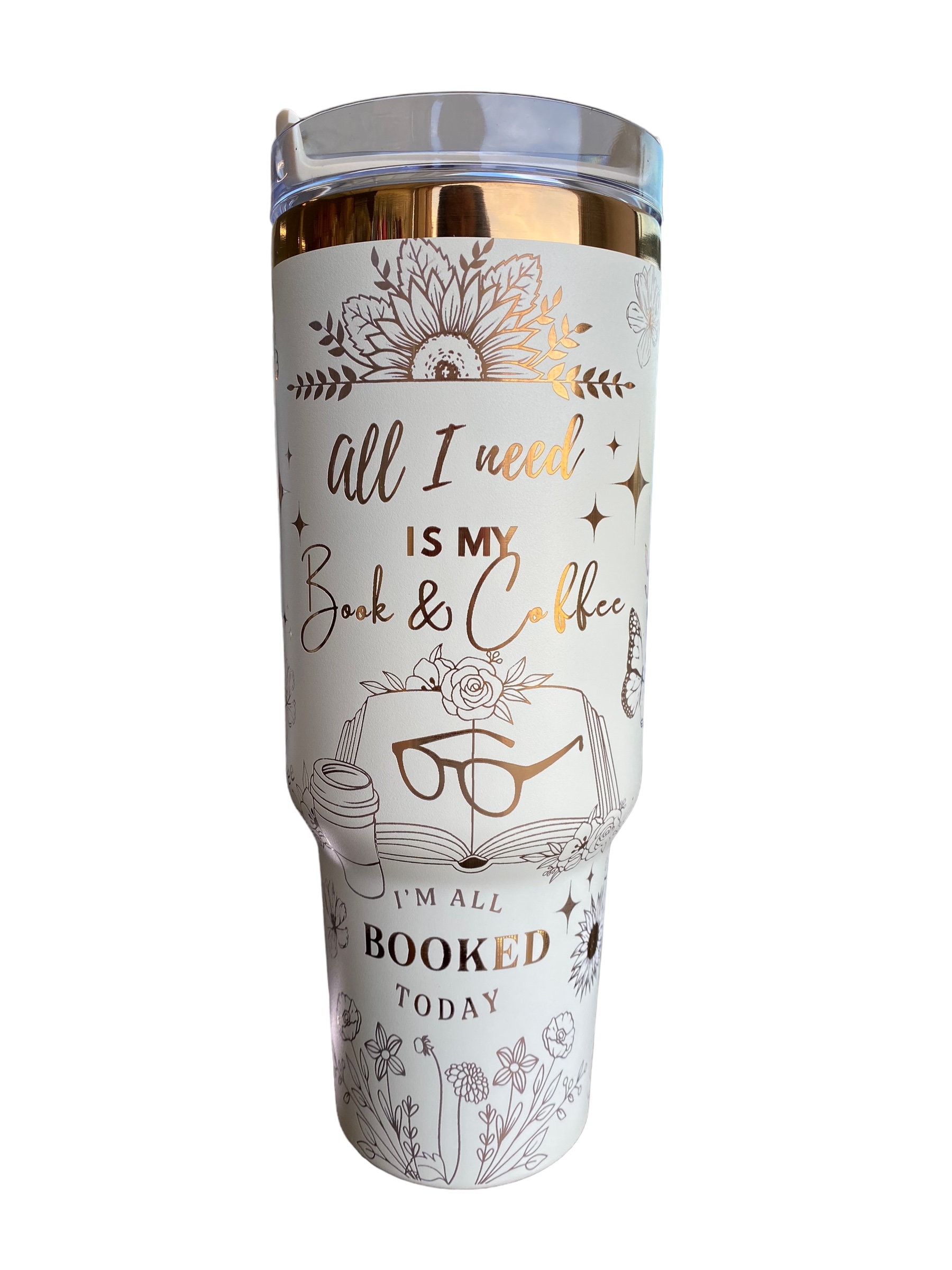 Books and Coffee Engraved Cup - I'm all Booked Custom Engraved Tumbler - 40oz Insulated Drinking Cup with Handle - Perfect Gift for Readers, Coffee Lovers