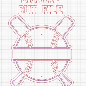 May include: A digital cut file design featuring a baseball with crossed bats. The baseball has detailed stitching and a blank banner for personalization. The design is outlined in red and blue, perfect for crafting projects.