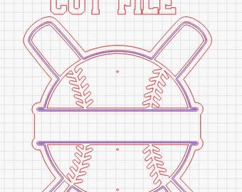 May include: A digital cut file design featuring a baseball with crossed bats. The baseball has detailed stitching and a blank banner for personalization. The design is outlined in red and blue, perfect for crafting projects.