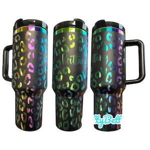 Personalized Holographic Cheetah Print Tumbler | Custom Name Rainbow Leopard Cup | Laser Engraved Travel Mug with Handle | Gift for Her