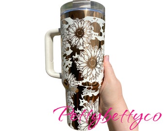 Sunflowers and Cowhide Engraved Tumbler  - engraved Country Tumbler - 40oz tumbler with handle Custom Tumbler - Copper& Cream Floral Tumbler
