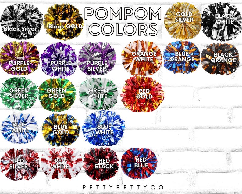 May include: A variety of colorful pom-poms are displayed against a white brick wall. The image showcases pom-poms in various color combinations, including black and silver, gold and silver, and red and blue. Text at the top reads "POMPOM COLORS."