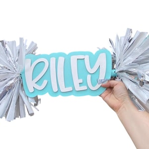 Teal and White Custom Cheer Stick  -Game Day Signs - Pom Pom Sign - Custom Cheer Stick - Personalized Name Cheer Sign - Pom Poms