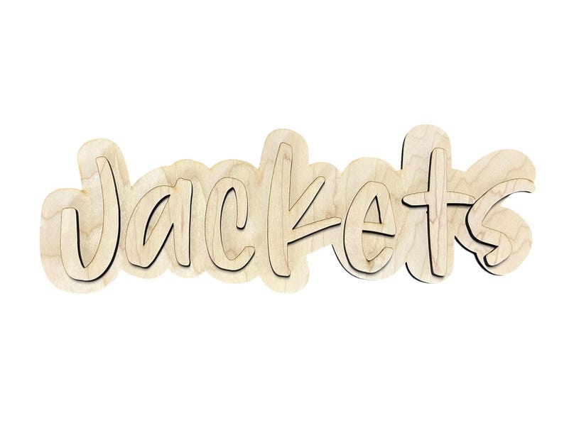 May include: Wooden sign with the word "Jackets" in a playful, layered font. The sign is made of light-colored wood with a dark outline, creating a 3D effect. The sign is designed to be mounted on a wall.