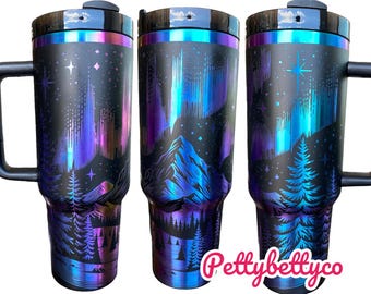 Vaso Northern Lights - Vaso iridiscente Northern Lights de 40 oz con temática de montaña - Grabado láser, chapado en arcoíris - Multicolor