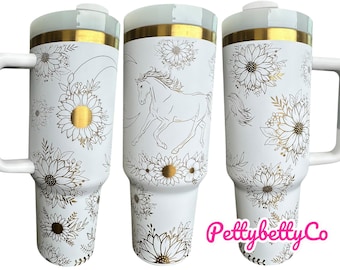 Vaso con diseño de caballo floral - Vaso con grabado occidental - Vaso campestre con grabado de amante de los caballos - Vaso de 40 oz con asa - Regalo para montar a caballo