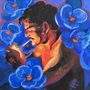 May include: A painting of a person lighting a cigarette, set against a backdrop of vivid blue flowers. The artist uses warm colours for the figure and cool blues for the flowers, creating a strong contrast. The style is reminiscent of a modern art piece.