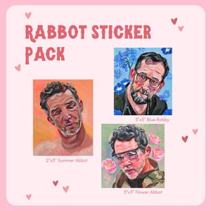 May include: A Rabbot Sticker Pack containing three rectangular stickers. Summer Abbot measures 5.08 cm x 7.62 cm with an orange background. Blue Robby is 7.62 cm x 7.62 cm with blue flowers. Flower Abbot is 7.62 cm x 7.62 cm with pink flowers.