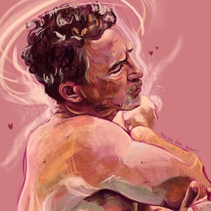 Könnte beinhalten: Digitales Porträt einer Person mit lockigem braunem Haar und einem leichten Bart, dargestellt in Rosa-, Pfirsich- und Brauntönen. Die Person blickt zur Seite, mit einem weichen, leuchtenden Effekt um Kopf und Schultern. Kleine Herzen sind um die Figur verstreut.