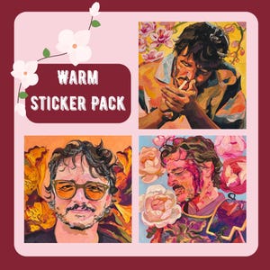May include: A sticker pack with a burgundy background and the text "WARM STICKER PACK". The pack features four illustrations of a man, each with a different floral background. The illustrations are in warm tones.