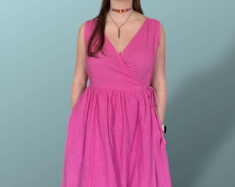 M/L - Organic cotton wrap dress in petal pink. Knee length.
