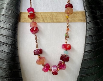Real pink agate eclectic copper tone necklace hand strung in USA. Natural stone. Long pink bead necklace.