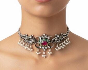 Sterling silver choker necklace. Traditional Indian design.