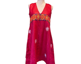 Redbud silk party dress: Indian handloom fabric. Handmade in USA. Size small (36-37 chest). Formal occasion dress. Office dress.
