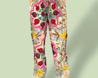 S, S/M, L - Quilted pants. Kantha pants. Hand embroidered boho suzani unisex pants. Club dance festival weekend
