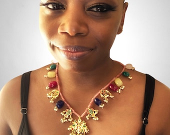 Multi pendant real stone semi precious bead statement necklace. Video shopping available.