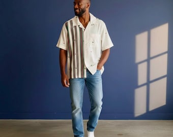 XL- Mens casual button down. Artisanal and handmade tropical button down. Cuban or Hawaiian style. Chest size 46/48in